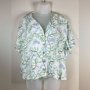Cynthia Rowley 100 % Linen Button Up Shirt Birds Novelty Print Resortwear Top XL